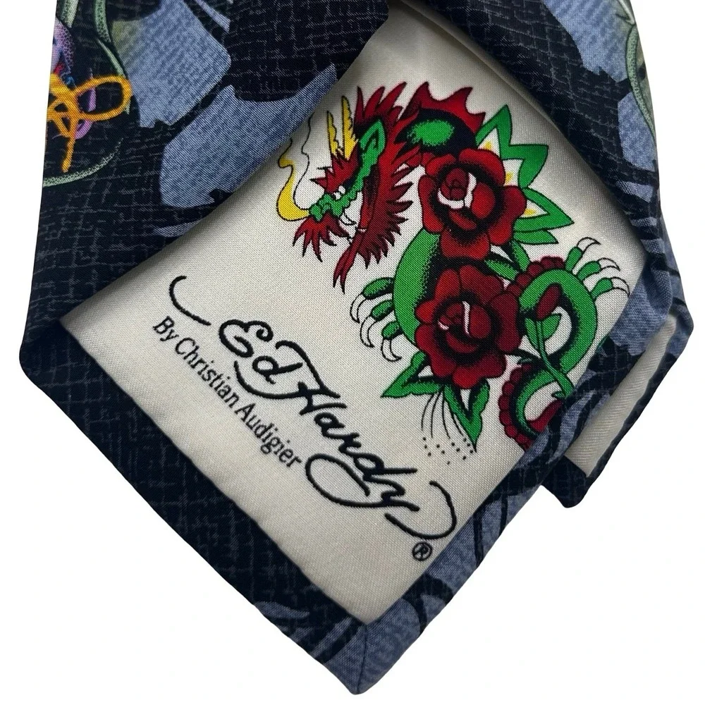 Ed Hardy Christian Audigier Silk Tie Skull Heart Love Kills Slowly Black Blue